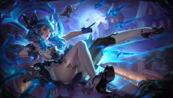  1girl absurdres ahoge aling_(shanatans) ass asymmetrical_legwear bare_shoulders black_bow black_dress black_footwear black_gloves bow building dress drill_hair foot_up footwear_bow from_side gloves gwen_(league_of_legends) hair_bow high_heels highres holding holding_scissors league_of_legends magical_girl mismatched_legwear moon night panties pointing scissors shoes solo stuffed_animal stuffed_toy teddy_bear thighhighs twin_drills twintails underwear white_dress white_panties  rating:Sensitive score:31 user:danbooru