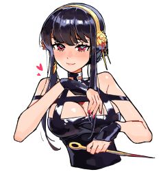  1girl absurdres bare_shoulders black_dress black_hair breasts cropped_torso dagger dress earrings gold_earrings hairband highres holding jewelry kaatokun knife large_breasts long_hair looking_at_viewer red_eyes sidelocks solo spy_x_family stiletto_(weapon) upper_body weapon yor_briar  rating:Sensitive score:7 user:danbooru