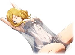  1girl armpits arms_up artist_request blonde_hair blue_eyes bow bow_panties breasts closed_mouth code_geass code_geass:_lost_stories dutch_angle female_focus game_cg half-closed_eye happy lace_trim large_breasts lingerie long_sleeves looking_at_viewer medium_hair milly_ashford navel negligee non-web_source official_art one_eye_closed panties parted_bangs see-through sidelocks sitting smile solo split_mouth stomach stretching thighs underwear waking_up white_bow white_panties 