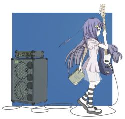 1girl book cable female_focus full_body guitar instrument long_hair moon patchouli_knowledge purple_eyes purple_hair r.s.r. see-through skirt smile socks solo speaker striped_clothes striped_socks touhou