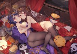 2girls absurdres ass azur_lane bed black_legwear blush breasts brown_eyes brown_hair china_dress chinese_clothes dress feet hair_ornament hair_rings highres lanyingchengzhi large_breasts long_hair looking_at_viewer lying manjuu_(azur_lane) multiple_girls ning_hai_(azur_lane) ning_hai_(moon_palace_rabbit)_(azur_lane) no_shoes official_alternate_costume on_bed on_side open_mouth panda pantyhose ping_hai_(azur_lane) ping_hai_(osmanthus_moon_rabbit)_(azur_lane) purple_dress purple_hair red_dress red_eyes shelf thighhighs toes  rating:Questionable score:125 user:danbooru