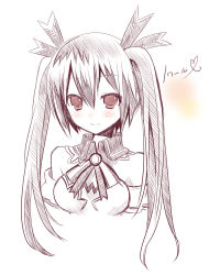  10s 1girl bad_id bad_pixiv_id bare_shoulders blush breasts cleavage detached_collar female_focus hair_ribbon long_hair mishima_kurone monochrome neptune_(series) noire_(neptunia) portrait red_eyes ribbon sketch smile solo spot_color twintails  rating:Sensitive score:8 user:danbooru