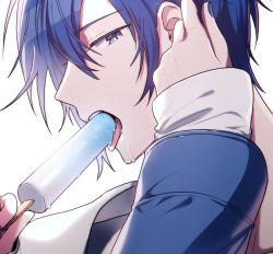  1boy :o blue_eyes blue_hair blue_nails drooling food kaito_(vocaloid) looking_at_viewer male_focus nail_polish open_mouth popsicle saliva saliva_trail sexually_suggestive short_hair solo suggestive suggestive_fluid tagme tongue vocaloid  rating:Questionable score:5 user:rosarypale