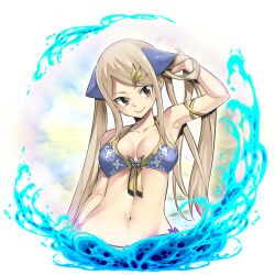  1girl abigail_(gate_of_nightmares) bikini blue_bikini breasts brown_eyes bug butterfly cleavage collarbone gate_of_nightmares hair_ornament hand_in_own_hair highres insect large_breasts long_hair long_sidelocks looking_at_viewer mashima_hiro navel official_alternate_costume official_art simple_background solo swimsuit transparent_background twintails upper_body 