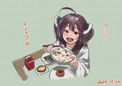  1girl :d ahoge bowl brown_eyes brown_hair chopsticks dated food food_request from_above green_background hair_between_eyes headgear holding holding_bowl holding_chopsticks japanese_clothes kimono lamb_(hitsujiniku) long_sleeves looking_at_viewer looking_up open_mouth plate smile solo table touhoku_kiritan translation_request twintails upper_body voiceroid white_kimono wide_sleeves 