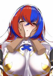  1girl alear_(female)_(fire_emblem) alear_(fire_emblem) blue_hair breasts closed_mouth crossed_bangs disembodied_hand fire_emblem fire_emblem_engage hand_on_another&#039;s_cheek hand_on_another&#039;s_face highres large_breasts looking_at_viewer monoi_daru multicolored_hair nintendo one_eye_closed red_eyes red_hair solo_focus two-tone_hair  rating:Sensitive score:19 user:danbooru