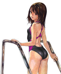 1girl amagi_konoha ass brown_eyes brown_hair competition_swimsuit cowboy_shot highres katsura_masakazu long_hair looking_at_viewer non-web_source official_art one-piece_swimsuit parted_lips simple_background solo swimsuit wet white_background zetman rating:Sensitive score:43 user:danbooru