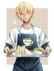  1boy ^_^ amuro_tooru apron bangs black_apron black_shirt blonde_hair border bowl brown_background closed_eyes closed_mouth clothes_writing commentary_request employee_uniform english_text eyebrows_visible_through_hair eyes_closed facing_viewer fingernails food giving hair_between_eyes happy holding holding_tray incoming_food kaya_(hydego) long_sleeves male_focus meitantei_conan outside_border plastic_wrap plate print_apron salad sandwich shirt short_hair short_over_long_sleeves short_sleeves simple_background smile solo standing tray uniform vegetable white_border white_shirt 