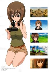 1girl belt black_hat blue_sky breasts brown_belt brown_eyes brown_hair brown_panties brown_shorts buttons closed_mouth colored_skin cross day dress_shirt earbuds_around_neck emblem fog frown garrison_cap girls_und_panzer green_tank_top hair_between_eyes handheld_game_console hat highres holding holding_handheld_game_console holding_map itsumi_erika jacket kneeling kuromorimine_(emblem) kuromorimine_military_uniform lapel_pin lapels light_smile magazine_scan map mc_axis medium_breasts military military_hat military_uniform military_vehicle motor_vehicle nishizumi_maho non-web_source official_art on_vehicle panther_(tank) panties playstation_portable red_shirt red_trim scan school_uniform serious shirt short_hair shorts simple_background sky smoke smoke_trail solo sunset tank tank_top tiger_i tiger_ii translation_request underwear uniform white_skin