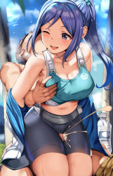  1boy 1girl ;d belko between_legs bike_shorts blue_eyes blue_hair blush grabbing_another&#039;s_breast breasts censored cum ejaculation girl_on_top grabbing highres large_breasts leggings legs_together love_live! love_live!_sunshine!! matsuura_kanan mosaic_censoring navel one_eye_closed open_mouth penis ponytail projectile_cum sex sitting skin_tight skindentation smile sports_bra sportswear tank_top thigh_gap thigh_sex thighs wink  rating:Explicit score:285 user:TDogarooski