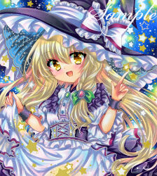  1girl apron black_hat blonde_hair bow braid brooch buttons constellation_print dress embellished_costume frilled_bow frilled_dress frills green_bow hair_bow hat hat_bow hat_ribbon index_finger_raised jewelry kirisame_marisa long_hair looking_at_viewer marker_(medium) open_mouth ribbon rui_(sugar3) sample_watermark short_sleeves side_braid skirt_hold smile solo star_(symbol) touhou traditional_media upper_body watermark white_apron white_bow witch_hat wrist_cuffs yellow_eyes 