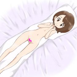  1girl absurdres bed_sheet blush breasts brown_eyes brown_hair censored closed_mouth completely_nude creatures_(company) dakimakura_(object) female_focus from_above game_freak gloria_(pokemon) hands_up happy heart heart_censor highres legs light_blush looking_at_viewer matching_hair/eyes microsd_(pibo) navel nintendo nude pillow pokemon pokemon_swsh sidelocks small_breasts smile solo split_mouth stomach straight-on thigh_gap  rating:Questionable score:29 user:AngryZapdos
