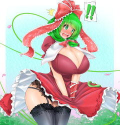  ! !! 1girl ^^^ bad_id bad_pixiv_id black_panties blush bow breasts cherry_blossoms cleavage clothes_lift curvy d: dress dress_lift embarrassed frills front_ponytail full-face_blush garter_belt garter_straps gloves green_eyes green_hair hair_bow hair_ribbon huge_breasts hydrant_(kasozama) kagiyama_hina lace lace-trimmed_panties lace_trim long_hair open_mouth panties pantyshot red_dress ribbon single_glove solo standing thighhighs touhou underwear upskirt wavy_mouth wide_hips wind wind_lift  rating:Questionable score:35 user:danbooru