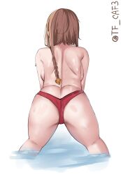  1girl ass bare_back bare_shoulders braid braided_ponytail breasts brown_hair commentary_request from_behind hair_ornament highres kantai_collection long_hair no_shirt one-hour_drawing_challenge panties partially_submerged propeller_hair_ornament red_panties sideboob simple_background solo standing teruzuki_(kancolle) tf_cafe twitter_username underwear water wet white_background 