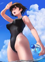  1girl arm_up black_one-piece_swimsuit blue_sky bottle breasts brown_hair cloud commentary_request competition_swimsuit highleg highleg_swimsuit hiryuu_(kancolle) holding holding_bottle kantai_collection looking_ahead medium_breasts ocean one-piece_swimsuit open_mouth outdoors partially_shaded_face shading_eyes short_hair sky solo swimsuit wa_(genryusui) wading water_bottle 