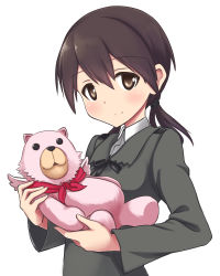  1girl a9b_(louis814) black_ribbon brown_eyes brown_hair duel_monster fluffal_bear gertrud_barkhorn highres holding long_hair long_sleeves military military_uniform ribbon shiun&#039;in_sora shiunin_sora simple_background smile solo sonozaki_mie strike_witches stuffed_animal stuffed_toy teddy_bear twintails uniform voice_actor_connection white_background world_witches_series yu-gi-oh! yu-gi-oh!_arc-v 