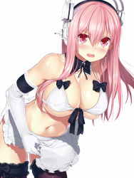  1girl apron arm_garter bad_id bad_pixiv_id bikini bikini_top_only black_thighhighs blush bra breasts cleavage detached_collar elbow_gloves gloves headphones hullabaloo large_breasts leaning_forward lingerie long_hair looking_at_viewer navel nitroplus open_mouth pink_eyes pink_hair shiny_skin simple_background skindentation solo super_sonico swimsuit thighhighs underboob underwear waist_apron white_background white_bikini white_bra white_gloves  rating:Sensitive score:123 user:danbooru