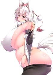 1girl animal_ears ass blush breasts covered_erect_nipples curvy detached_sleeves fang hat highres huge_ass huge_breasts inubashiri_momiji looking_at_viewer panties plump pom_pom_(cheerleading) shirt shishi_juuroku short_hair sleeveless sleeveless_shirt smile tail thick_eyebrows thick_thighs thighs tokin_hat touhou underwear white_hair white_panties white_shirt wide_hips wolf_ears wolf_tail yellow_eyes rating:Questionable score:32 user:rushdude