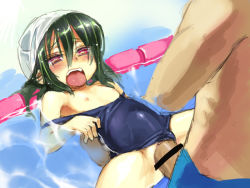  blush censored flat_chest green_hair large_insertion loli nipples open_mouth penis pussy red_eyes sex shigehiro_(hiroi_heya) stomach_bulge swimsuit water  rating:Explicit score:74 user:8bit