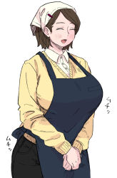  apron breasts brown_hair curvy large_breasts mature_female short_hair smile sweater  rating:General score:11 user:GMSniper56