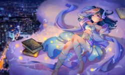  10s 1girl 2019 absurdres aqua_shirt artist_name artist_request bare_shoulders barefoot blue_feathers blue_hair blurry blush book character_name city cloud depth_of_field dress feathers feet female_focus floating flower full_body hair_bun hair_flower hair_ornament hand_on_head highres jorsen knee_up long_hair looking_at_viewer love_live! love_live!_school_idol_festival love_live!_sunshine!! lying night on_back on_cloud outdoors purple_eyes purple_flower red_eyes ribbon road shirt single_hair_bun sleeveless sleeveless_dress smile solo song_name sparkle street tsushima_yoshiko 