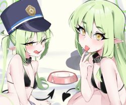  2girls bikini black_bikini blue_archive blush bowl collar cropped_torso demon_tail double-parted_bangs earrings gen_(unzzenasd) green_hair hair_between_eyes hat highres hikari_(blue_archive) jewelry licking_lips looking_at_viewer multiple_girls naughty_face nozomi_(blue_archive) peaked_cap pointy_ears sharp_teeth sidelocks sweat swimsuit tagme tail teeth tongue tongue_out twintails yellow_eyes  rating:Sensitive score:8 user:Johne_D