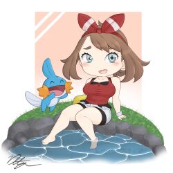 1girl blue_eyes blush breasts brown_hair chibi cleavage creatures_(company) draconety game_freak gen_3_pokemon highres large_breasts looking_at_viewer may_(pokemon) mudkip nintendo pokemon pokemon_oras red_shirt shirt solo