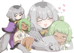  2girls ahoge bird_legs blush braid capelet claws closed_eyes commentary dark-skinned_female dark_skin english_commentary feathered_wings final_fantasy final_fantasy_xiv freckles green_hair grey_feathers grey_hair grey_wings harpy heart highres lalafell medium_hair mono_(sifserf) monster_girl multiple_girls one_eye_closed open_mouth original owl_girl pointy_ears purple_capelet sandals shirt side_braids sifserf simple_background sitting sitting_on_lap sitting_on_person skirt sweatdrop talons topknot twin_braids warrior_of_light_(ff14) white_background white_shirt white_skirt winged_arms wings yellow_eyes  rating:Sensitive score:2 user:danbooru