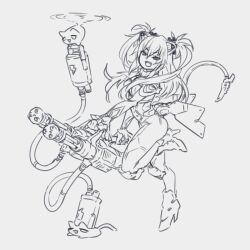  1girl animal_ears battery bodysuit cable carrying cat cat_ears cat_girl cat_tail crushed fang floating_hair flying full_body gatling_gun gun half-closed_eyes helicopter_tail high_heels highres holding holding_gun holding_weapon lineart long_hair long_sleeves looking_at_viewer magari_(c0rn3r) mass_production_nora_cat mechanical_ears mechanical_tail minigun monochrome nora_cat_channel open_mouth smile solo standing standing_on_one_leg tail tail_blade two_side_up v-shaped_eyebrows weapon 