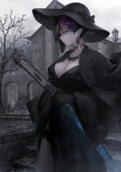 1girl bare_tree black_bow black_cape black_dress black_hair black_hat blue_eyes bow breasts building cape cleavage closed_mouth cloud cloudy_sky cowboy_shot day dress earrings expressionless flower glowing hair_flower hair_ornament half-closed_eyes hand_on_sword hand_on_weapon hat hat_bow highres hyp jewelry lampion long_sleeves looking_away looking_to_the_side medium_breasts necklace original outdoors pelvic_curtain pointy_ears profile purple_flower shaded_face sheath sheathed short_hair sky solo stairs sword tassel tassel_earrings thigh_strap town tree weapon wide_sleeves
