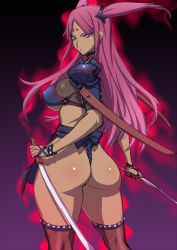  1girl armor ass aura back blue_eyes bracelet breasts choker collar covered_erect_nipples crop_top curvy dark-skinned_female dark_skin dual_wielding facial_mark fishnet_thighhighs fishnets forehead_mark from_behind fundoshi glint glowing hair_ornament holding japanese_clothes jewelry katana large_breasts long_hair looking_back ninja pauldrons pink_hair short_twintails shoulder_armor shuriken simple_background sword thighhighs twintails underboob uno_makoto vera_bowman weapon wide_hips youzetsurinjin_chi_vera_bowman  rating:Questionable score:109 user:danbooru