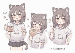 +_+ 1girl alcohol animal_ears beer beer_mug black_skirt blush_stickers brown_eyes brown_hair cat_ears cat_girl cat_tail colon_br cropped_legs cup dot_nose drink drunk grey_shirt hair_between_eyes hand_on_own_hip highres holding holding_drink index_finger_raised looking_at_viewer medium_hair miniskirt mug notice_lines open_mouth original pleated_skirt print_shirt shirt simple_background skirt tail variations white_background rating:General score:1 user:danbooru