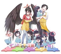  1boy 6+girls ^_^ absurdres aged_down alternate_costume apron beads black_hair black_shorts black_wings blue_archive blue_archive_the_animation blue_dress blush breasts carrying cat_slippers cheek_pinching child child_carry cleavage closed_eyes crying crying_with_eyes_open dress feathered_wings full_body hair_beads hair_ornament hair_over_eyes halo hasumi_(blue_archive) head_wings highres holding_hands huge_breasts ichika_(blue_archive) justice_task_force_member_(blue_archive) kindergarten_uniform kneehighs koharu_(blue_archive) long_hair looking_at_another looking_at_viewer mashiro_(blue_archive) may.l multiple_girls name_tag no_shoes pinching pink_hair ponytail profile purple_eyes red_eyes red_halo red_shirt sensei_(blue_archive) sensei_(blue_archive_the_animation) shirt short_hair shorts smock socks straight_hair sweatdrop tears tsurugi_(blue_archive) twintails white_shirt white_socks wide-eyed wings yellow_apron 