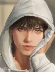  1boy artist_name blurry blurry_background brown_eyes brown_hair closed_mouth highres hood hood_up hoodie jeong_taeui looking_at_viewer male_focus passion_(manhwa) portrait realistic sc_authentic solo twitter_username white_hoodie 