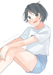  1girl black_eyes black_hair blue_pants feet_out_of_frame kantai_collection looking_at_viewer mogami_(kancolle) official_alternate_costume pants shirt short_hair simple_background sitting smile solo suppaman_(rfjy) t-shirt white_background white_shirt 