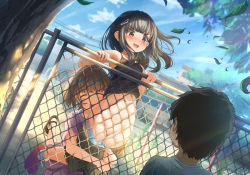 1boy 2girls accidental_exposure assisted_exposure bare_arms bare_shoulders black_hair blush bottomless brown_hair camisole carrying chain-link_fence cheek_press cleft_of_venus closed_eyes clothes_pull commentary_request day dutch_angle embarrassed fence groin hair_ornament hairclip head_on_back loli long_hair looking_at_another medium_hair multiple_girls navel nervous_sweating open_mouth original outdoors panties panty_pull presenting_another pulling_another&#039;s_clothes pussy shirt short_hair short_sleeves shorts shorts_pull skindentation skirt smile socks stomach sweat tachiinu tearing_up uncensored underwear v-shaped_eyebrows wind rating:Explicit score:678 user:danbooru