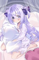  1girl :t amamiya_shizuku_(hizuki_yayoi) animal barefoot bed bloomers blue_bow blue_eyes blue_hair blush bow chinchilla_(animal) closed_mouth collarbone commentary_request curtains double_bun frilled_pillow frills hair_bow hair_bun heart heart-shaped_pillow highres hizuki_yayoi hugging_object long_sleeves looking_at_viewer multicolored_hair on_bed original pajamas pillow pillow_hug puffy_long_sleeves puffy_sleeves shirt sitting solo transparent two-tone_hair underwear wariza white_bloomers white_shirt 
