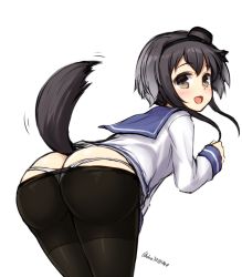 10s 1girl arched_back ass black_hair blush brown_eyes butt_crack clothes_pull don_(29219) dress hairband kantai_collection looking_at_viewer looking_back multicolored_hair open_mouth panties pantyhose pantyhose_pull sailor_dress school_uniform short_hair sidelocks sketch smile solo tail tail_wagging tokitsukaze_(kancolle) underwear white_panties rating:Sensitive score:48 user:danbooru