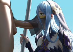  1boy 1girl azura_(fire_emblem) blue_hair breasts covered_mouth erection fellatio fellatio_under_mask fingerless_gloves fire_emblem fire_emblem_fates gloves headdress hetero jornyhail male_pubic_hair mask mouth_mask mouth_veil nintendo official_alternate_costume open_mouth oral penis profile pubic_hair staff uncensored veil veins veiny_penis yellow_eyes  rating:Explicit score:179 user:danbooru