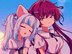  2girls animal_ears blue_hair blush breasts cat_ears closed_eyes collarbone collared_shirt cube_hair_ornament drooling film_grain flat_chest frilled_shirt frills gawr_gura gawr_gura_(casual) grey_hair hair_intakes hair_ornament hairclip head_on_another&#039;s_shoulder heterochromia hololive hololive_english houshou_marine long_hair medium_breasts mouth_drool multicolored_hair multiple_girls neck_ribbon official_alternate_costume open_mouth red_eyes red_hair ribbon shinkiro_(hololive) shirt short_sleeves side_ponytail sidelocks strap_slip streaked_hair suspenders twintails unya_(unyaunia) virtual_youtuber white_shirt yellow_eyes 