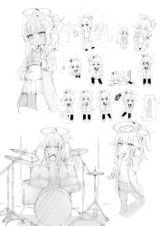 1girl absurdres ahoge belly_grab blue_archive blush boots buttons cardigan closed_mouth drink drinking_straw drum drumsticks food greyscale halo highres holding holding_drink holding_drumsticks instrument jacket long_hair monochrome multiple_views natsu_(band)_(blue_archive) natsu_(blue_archive) navel neckerchief official_alternate_costume open_clothes open_jacket parted_lips pie pleated_skirt sailor_collar side_ponytail simple_background skirt stomach sunglasses teika_(gusu_zatugi) thighhighs weight_conscious white_background
