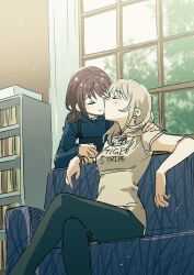  2girls black_pants blue_shirt bookshelf brown_hair closed_eyes closed_mouth commentary couch curtains day earclip girls_band_cry grey_shirt habsida_(habsida_hpy) hand_on_another&#039;s_shoulder hashtag-only_commentary highres indoors iseri_nina kawaragi_momoka kiss light_brown_hair long_hair long_sleeves multiple_girls on_couch pants shirt short_sleeves short_twintails sitting smile twintails window yuri 