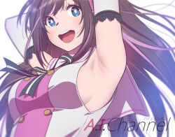  1girl andrian_januar_adilia armpits black_bow black_bowtie blue_eyes bow bowtie breasts brown_hair character_name commentary detached_sleeves english_commentary highres kizuna_ai kizuna_ai_inc. long_hair looking_at_viewer medium_breasts mole mole_on_armpit multicolored_hair open_mouth pink_hair sailor_collar shirt sidelocks solo streaked_hair teeth upper_body upper_teeth_only virtual_youtuber white_sailor_collar white_shirt white_sleeves 