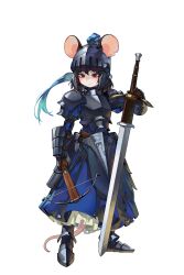  1girl animal_ears armor armored_dress black_hair blue_hair bow_(weapon) crossbow dress faulds gauntlets gemi_ningen greatsword hair_through_headwear hands_on_hilt helmet highres holding holding_crossbow holding_weapon long_hair looking_at_viewer mouse_ears mouse_girl mouse_tail original ponytail ratkin_(rimworld) red_eyes rimworld solo sword tail weapon zweihander 