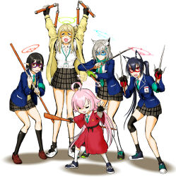  5girls :3 ahoge animal_ear_fluff animal_ears armband arms_up ayane_(blue_archive) black_footwear black_gloves black_hair black_socks blonde_hair blue_archive blue_eyes blue_jacket bo_staff breasts brown_footwear cat_ears cat_girl choufu_shimin closed_eyes closed_mouth commentary_request compression_sleeve cosplay domino_mask donatello_(tmnt) donatello_(tmnt)_(cosplay) dot_mouth dual_wielding facing_viewer fingerless_gloves foreclosure_task_force_(blue_archive) frown gloves green_armband green_necktie green_scarf grey_hair grey_skirt hair_bun hair_flaps halo holding holding_nunchaku holding_staff holding_sword holding_weapon hoshino_(blue_archive) jacket katana kneehighs lanyard large_breasts leonardo_(tmnt) leonardo_(tmnt)_(cosplay) long_hair long_pointy_ears long_sleeves mask master_splinter master_splinter_(cosplay) matching_outfits michelangelo_(tmnt) michelangelo_(tmnt)_(cosplay) miniskirt multiple_girls necktie nervous nonomi_(blue_archive) nunchaku open_clothes open_jacket open_mouth orange_eyes parody pink_hair plaid plaid_skirt pleated_skirt pointy_ears popped_collar raphael_(tmnt) raphael_(tmnt)_(cosplay) red_eyes red_gloves red_robe robe sai_(weapon) scarf school_uniform serika_(blue_archive) serious shiroko_(blue_archive) shoes short_hair simple_background single_side_bun skirt smile sneakers socks squatting staff standing sweater sword teenage_mutant_ninja_turtles twintails two-tone_gloves v-shaped_eyebrows weapon white_background white_socks yellow_jacket yellow_sweater 