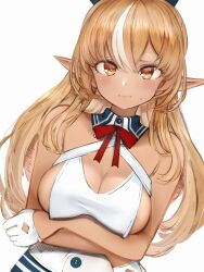  1girl :i absurdres arms_under_breasts bare_arms bare_shoulders blonde_hair breasts brown_eyes cleavage dark-skinned_female dark_skin gloves hair_between_eyes half_gloves highres hololive large_breasts long_hair looking_at_viewer multicolored_hair nanashi_(nlo) pointy_ears pout shiranui_flare sideboob solo streaked_hair sweatdrop upper_body virtual_youtuber white_gloves white_hair 