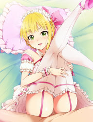10s 1boy 1girl bare_shoulders bed blonde_hair blush censored clothed_sex detached_collar dress folded frilled_pillow frilled_thighhighs frills garter_belt garter_straps green_eyes hair_ornament hair_ribbon happy_sex hetero highres idolmaster idolmaster_cinderella_girls kaiga knees_to_chest knees_together_feet_apart legs legs_together legs_up long_legs looking_at_viewer lying maid_headdress miyamoto_frederica mosaic_censoring on_back open_mouth penis pillow pov ribbon sex short_hair smile solo_focus sparkle thighhighs thighs vaginal rating:Explicit score:179 user:Ynyswydryn