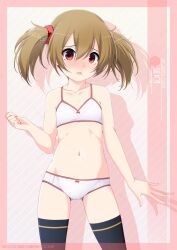  1girl artist_name black_thighhighs blush bra brown_hair character_name cowboy_shot flat_chest highres inaba_shiki looking_at_viewer medium_hair nose_blush panties pink_background red_eyes silica solo sword_art_online thighhighs training_bra underwear underwear_only white_bra white_panties 