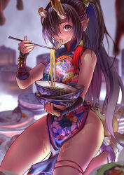  1girl absurdres asymmetrical_horns barefoot bell black_gloves blurry blurry_background bowl breasts broken_horn brown_eyes china_dress chinese_clothes chinese_commentary chopsticks dress dripping elbow_gloves fingerless_gloves floral_print food food_in_mouth food_on_body food_on_face food_on_legs gloves gourd gradient_hair hair_over_one_eye hehuolige highres holding holding_bowl holding_chopsticks horns jingle_bell long_hair medium_breasts multicolored_hair noodles one_eye_covered original pelvic_curtain pointy_ears ponytail print_dress purple_dress purple_hair red_tassel seiza single_sleeve sitting solo uneven_horns very_long_hair 