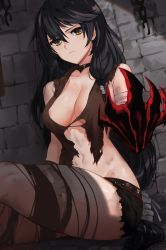 1girl bandaged_arm bandages black_choker black_hair breasts choker cleavage commentary_request highres large_breasts long_hair looking_at_viewer official_alternate_costume sendo_(sendrawz) solo tales_of_(series) tales_of_berseria thighs torn_clothes velvet_crowe yellow_eyes rating:Questionable score:53 user:danbooru